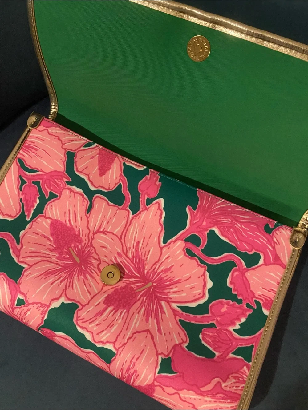 Lilly Pulitzer Hibiscus Kiss envelope pouch pink with gold trim clutch
